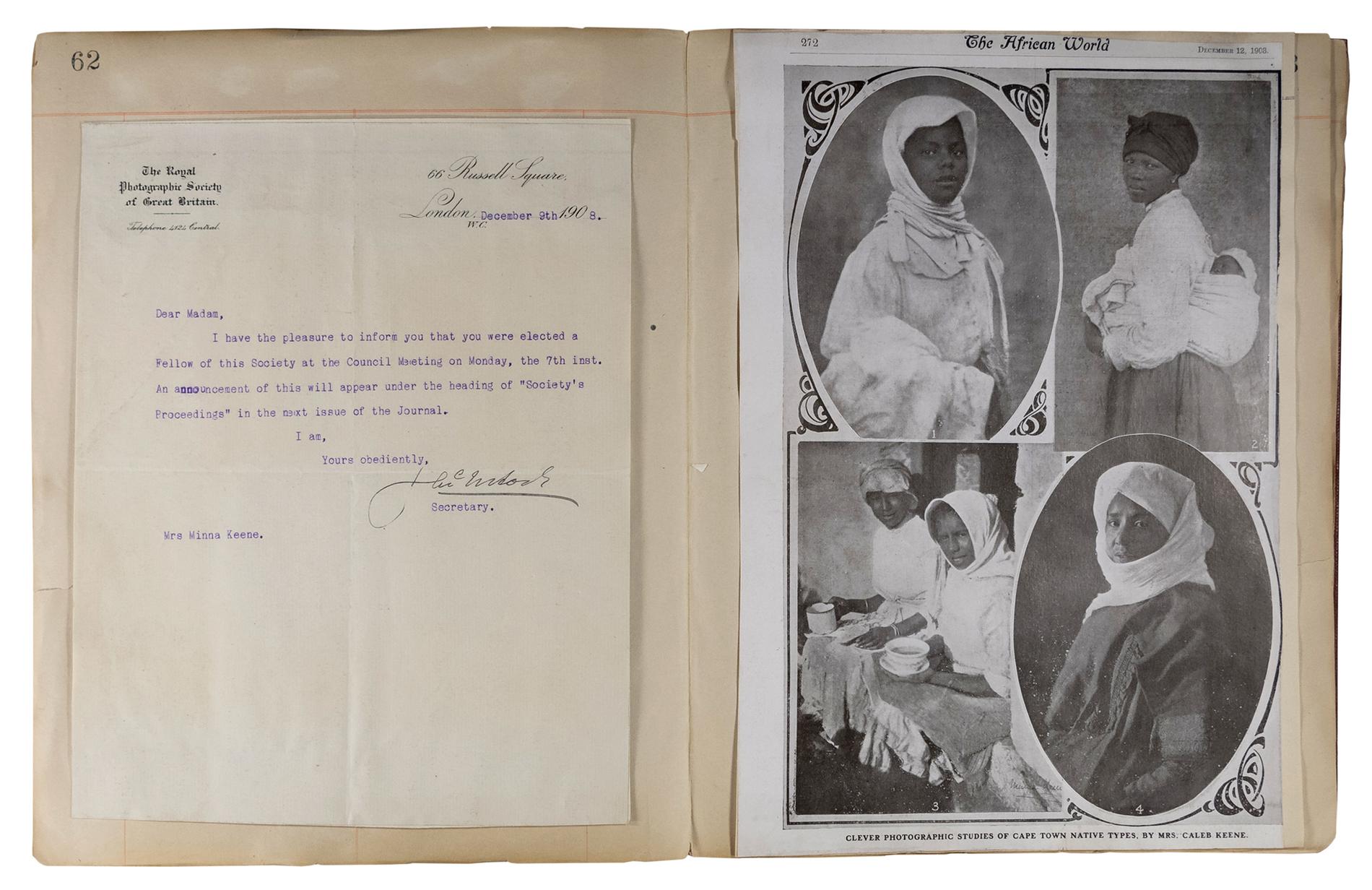 A bound scrapbook spread featuring a page with a typewritten letter from the Photographic Society of Great Britain and a page featuring four studio portraits titled “The African World.”