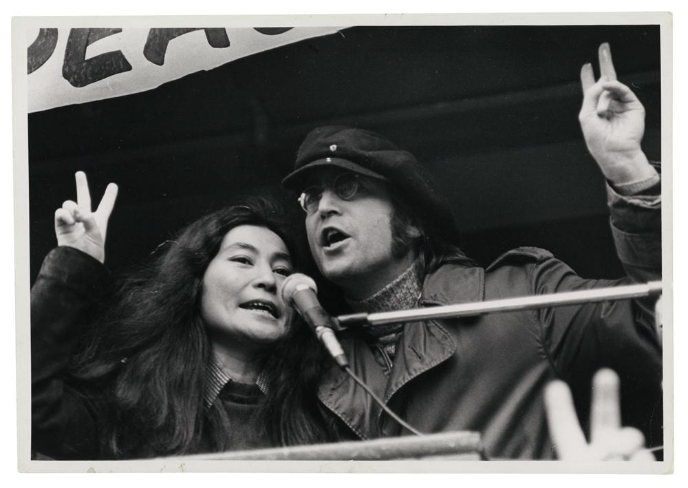 John Lennon and Yoko Ono at an Anti-Vietnam bombing demonstration in 1972.