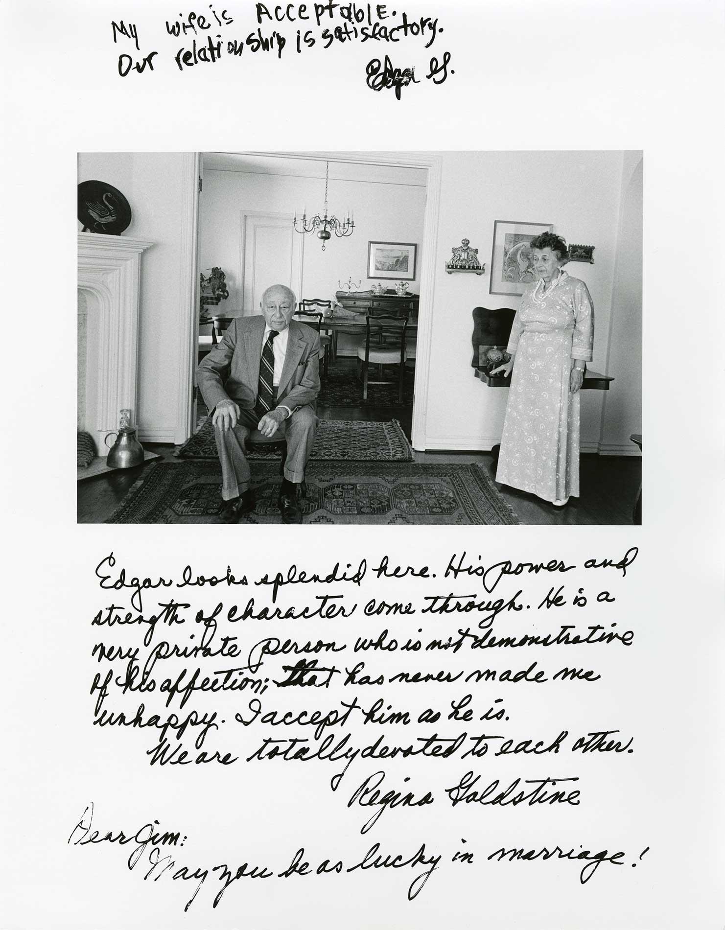 A photograph of an older husband and wife with writing on top of it