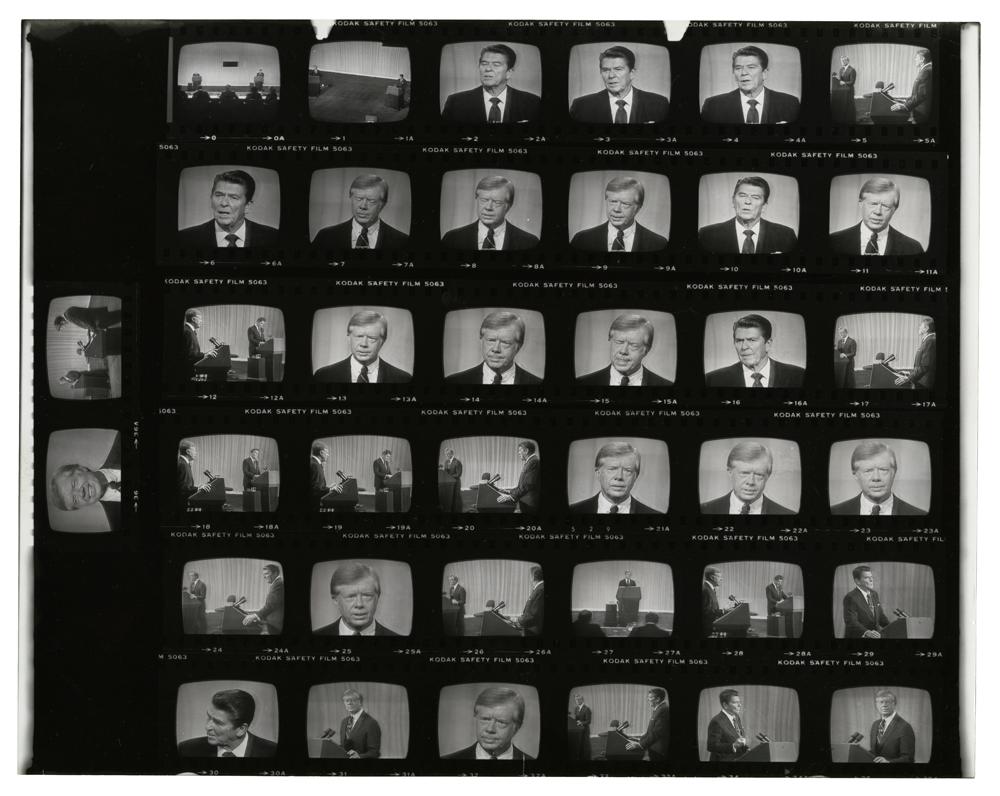 Series of photos from the Carter-Reagan television debate in 1980.