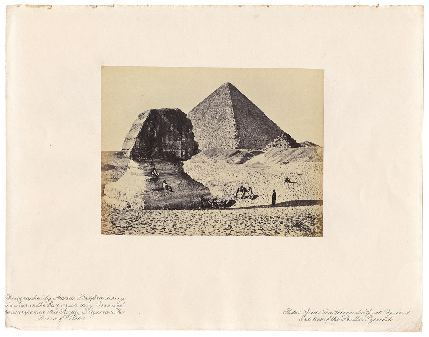 Gizeh, the Sphinx, the Great Pyramid and two of the Smaller Pyramids. Photograph by Francis Bedford.