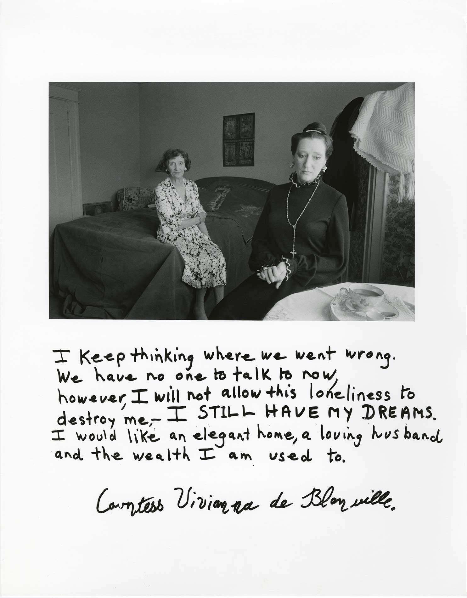 A photograph of two women, one older, one younger, with hand-writing overtop the image