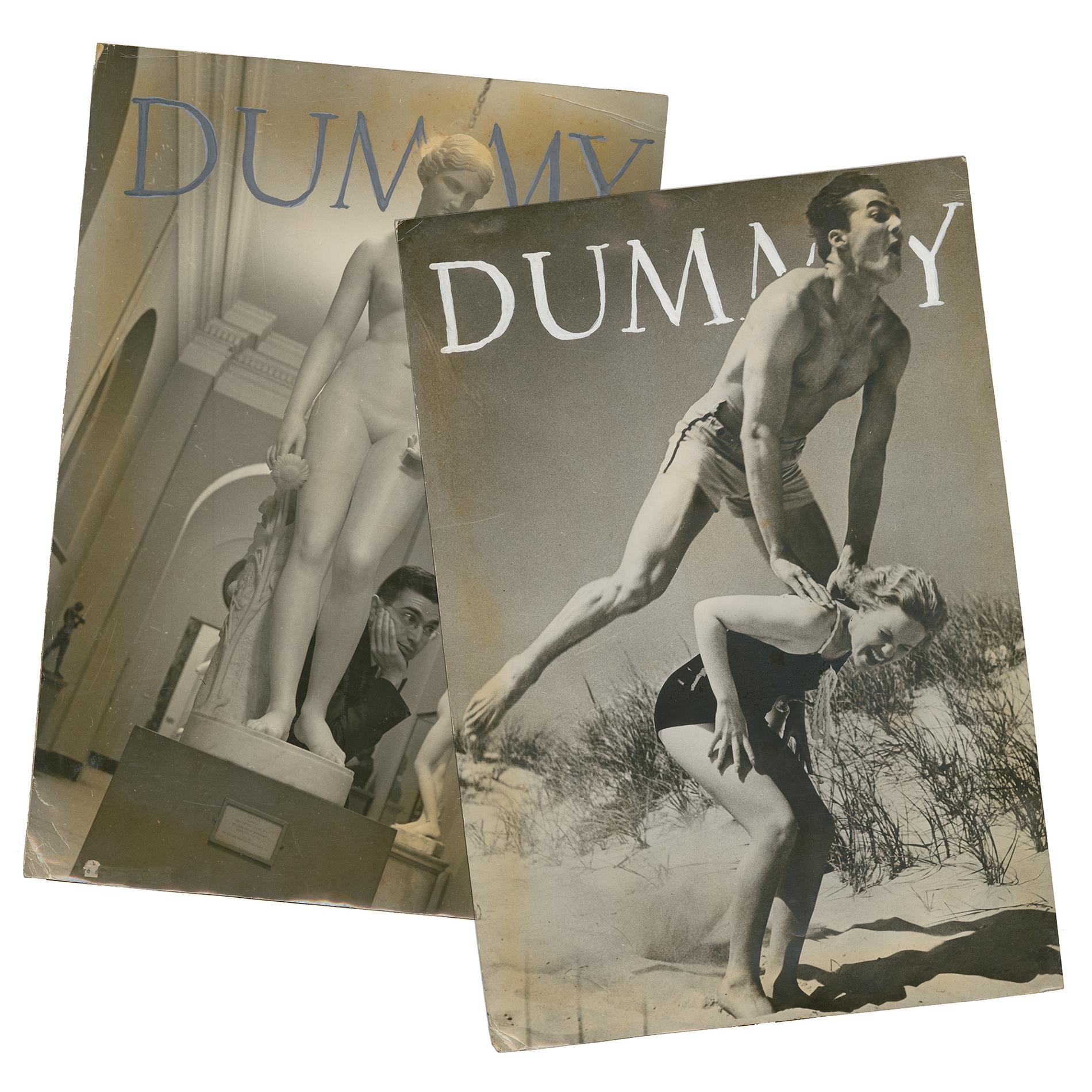 Two magazine covers with the word "dummy" in large letters as the title; the first cover shows a man and woman having fun at the beach.