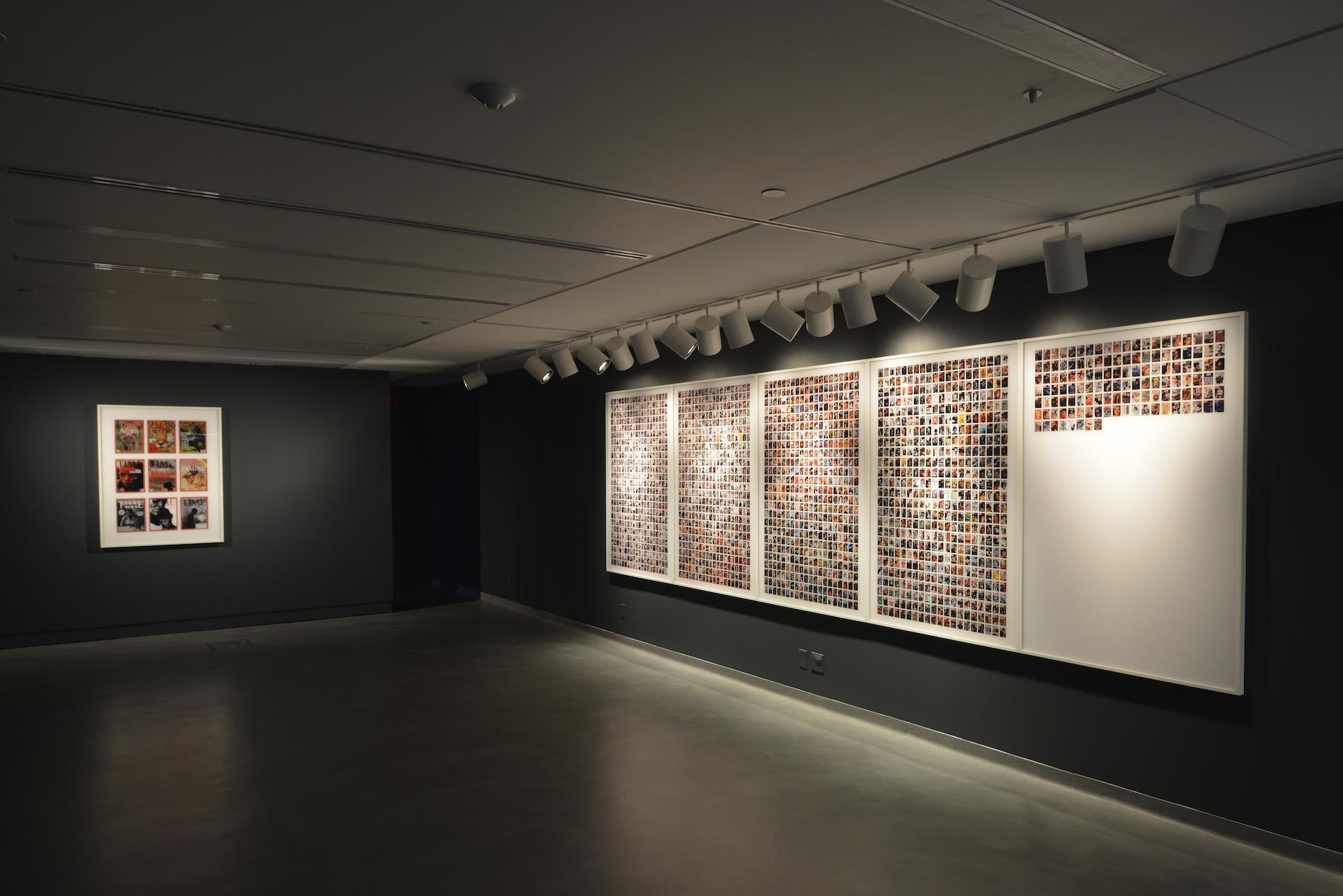 Two large white canvases on black walls, each containing many small colourful photographs