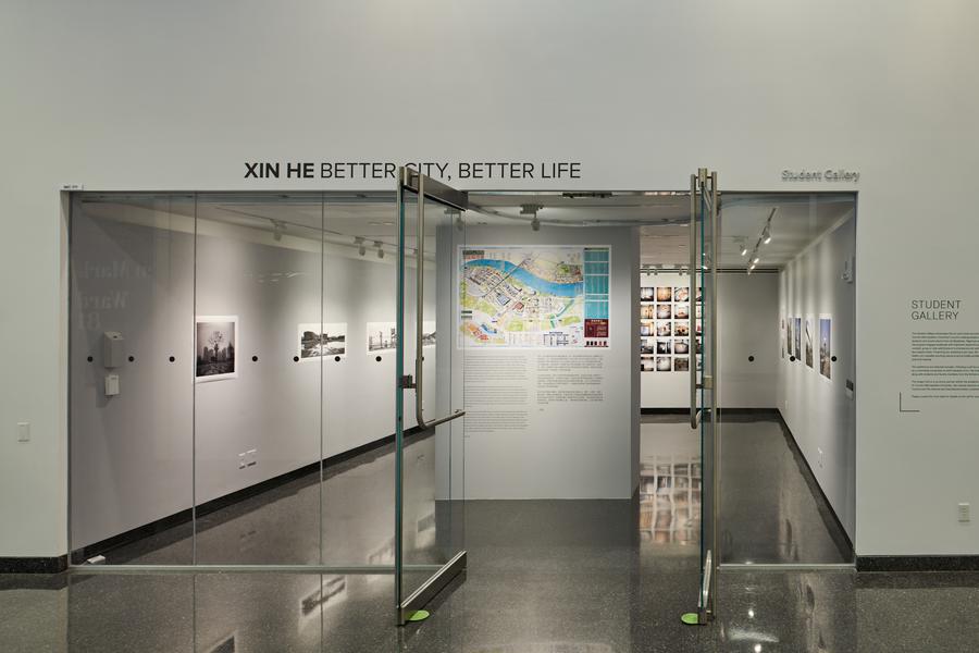 An installation view looking into the student gallery