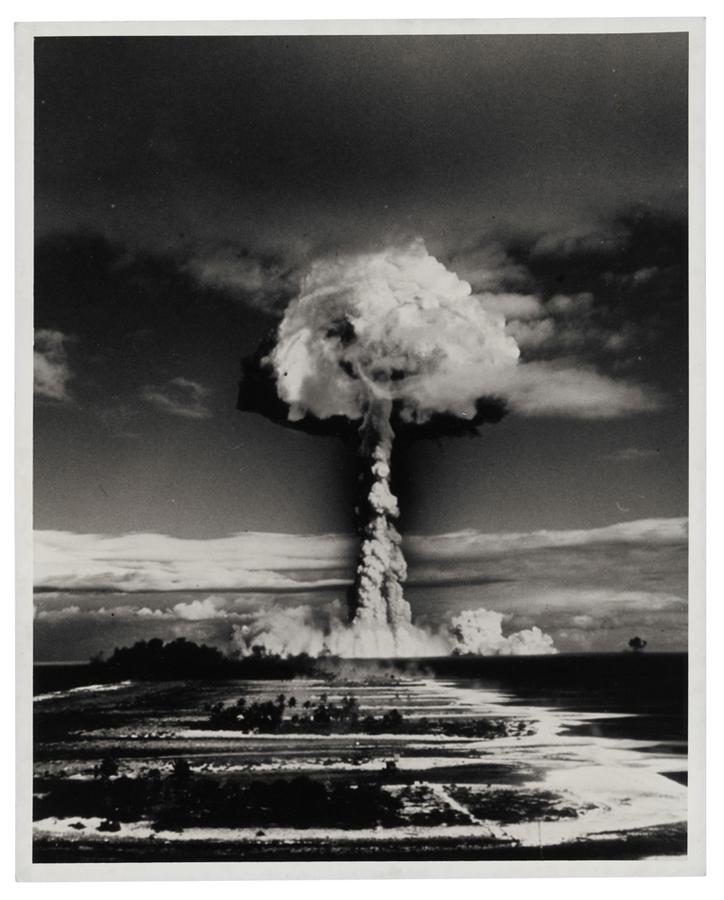 An explosion from nuclear weapons testing in the South Pacific Ocean in 1950.