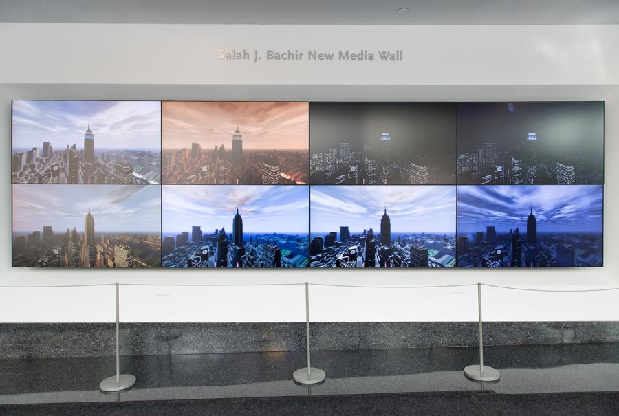 8 video stills of the New York City skyline at different times of day