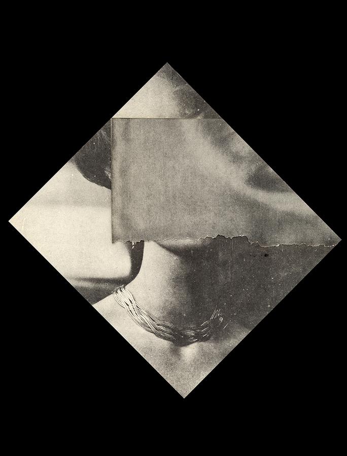 Diamond-shaped photograph of a woman, her face obscured