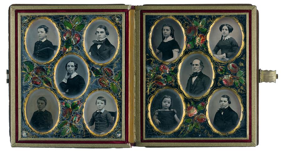 Nine portraits of a family in a 19th century leather album
