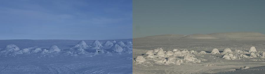 A diptych of snowy landscapes with snow structures.