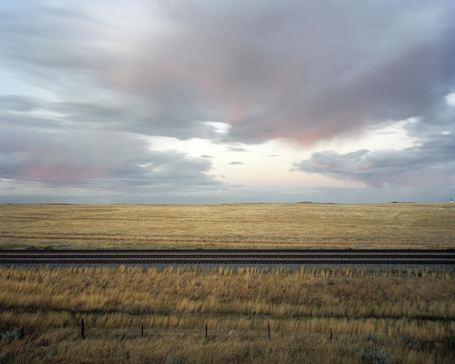 Train tracks cut through a field of tall grass