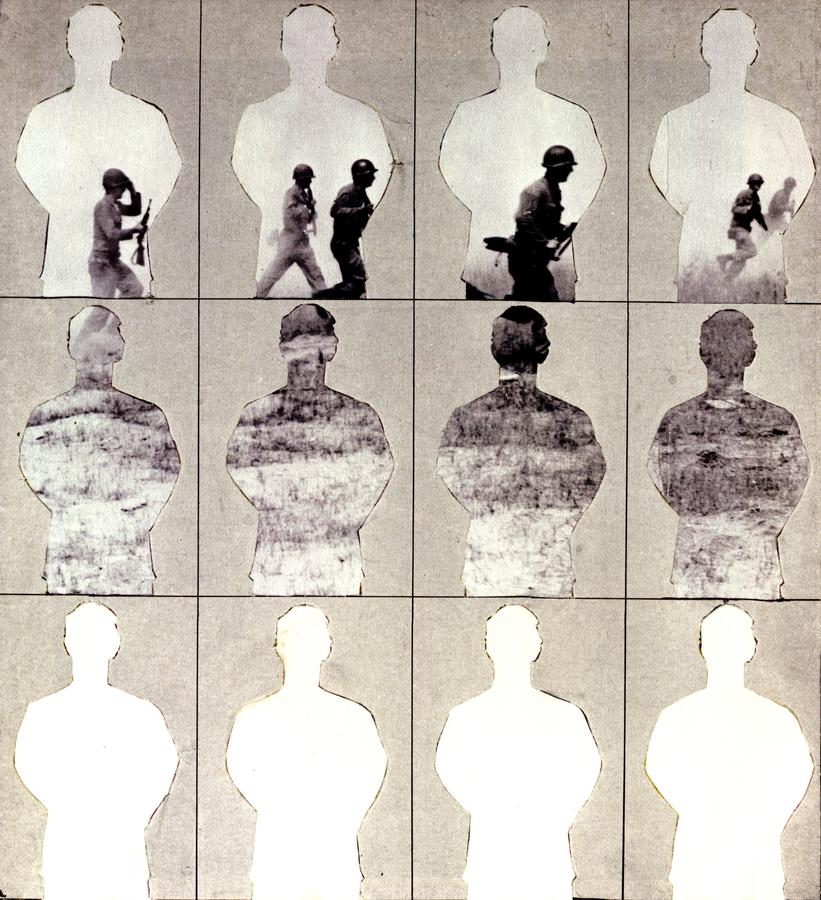 Photograph of soldiers running, seen through 12 paper cutouts of a man's silhouette