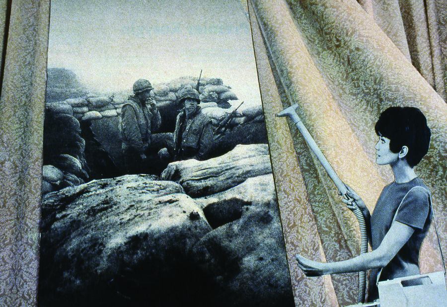Old photograph of soldiers in trenches, seen through a collage of a 50's woman pulling back curtains