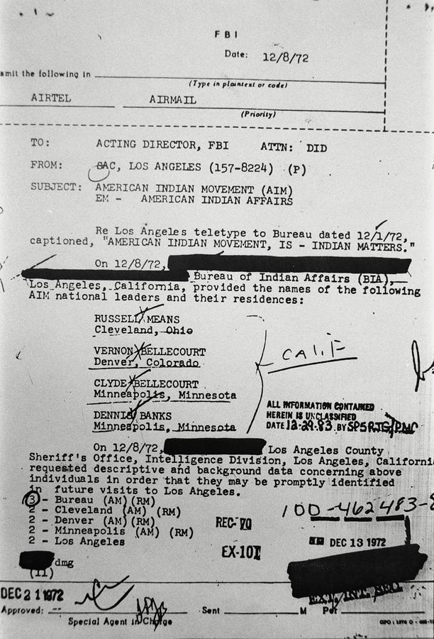 Old correspondence document reading "To: Acting Director, FBI. From: SAC, Los Angeles. Subject: American Indian Movement, American Indian Affairs"