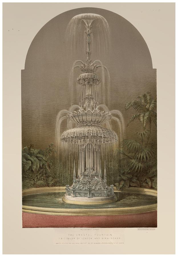 Lithograph by Francis Bedford depicting a decorative fountain made of crystal with foliage behind.