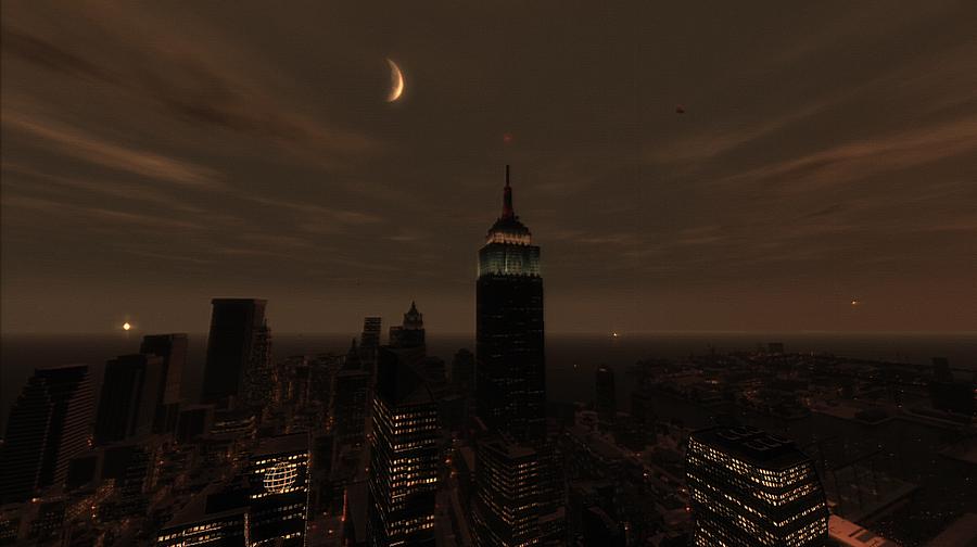 A nighttime skyline  around the Empire State Building with the moon showing through the clouds