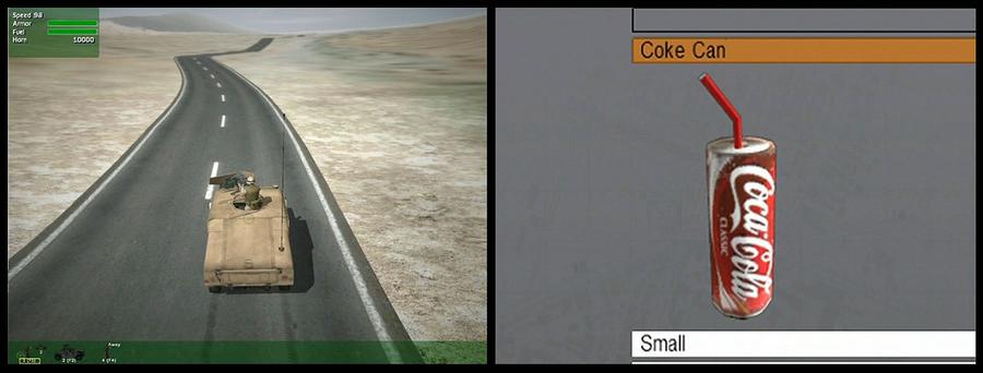 Two video stills. On the left, a tank drives down an empty road. On the right, a can of coke with text that reads "small"