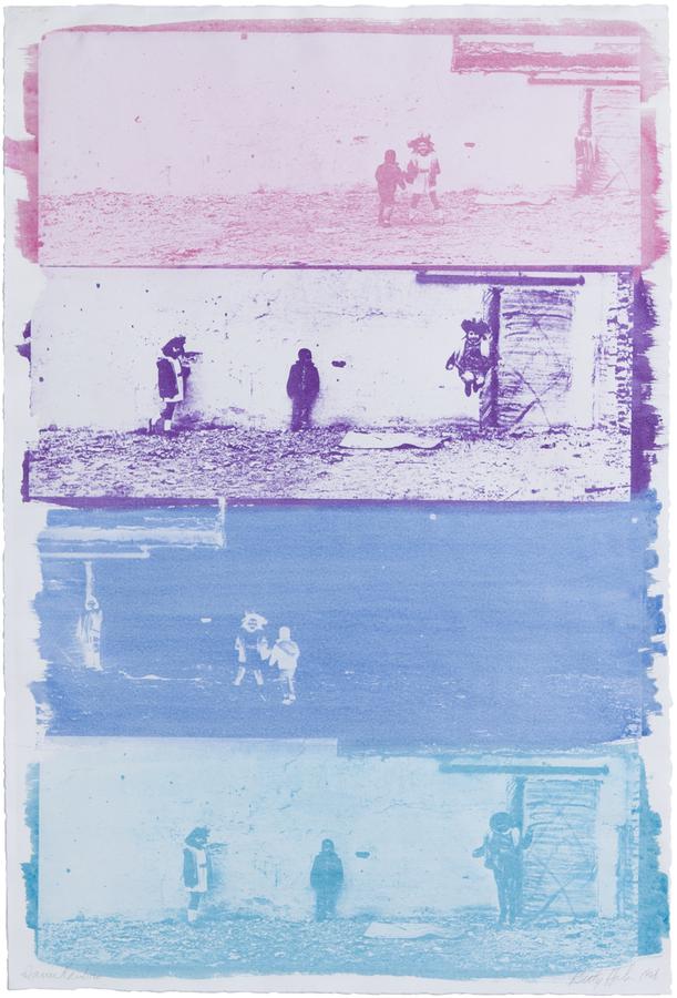 Four horizontal band photographs. From top: pink, purple, blue, turquoise