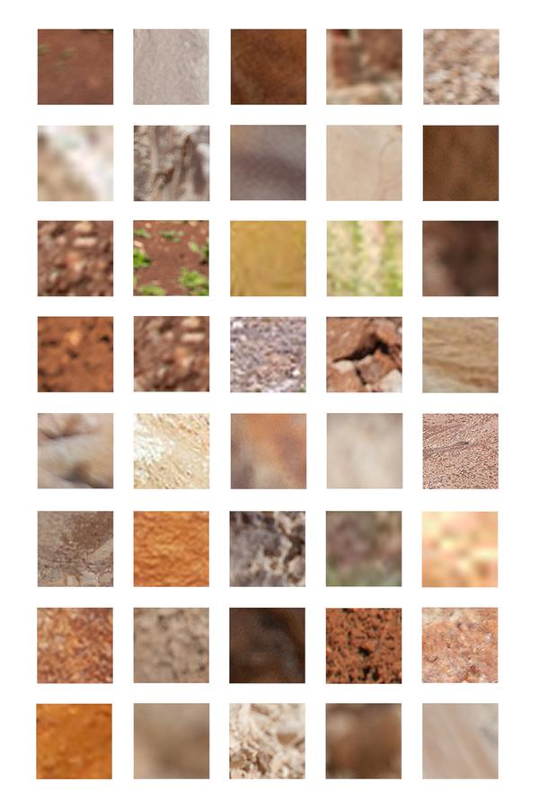 A grid of square photographs depicting different coloured sands and soils