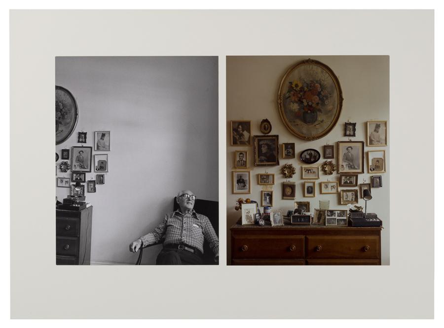 Left: An old man slouching in a chair next to a bureau with photos hung above. Right: Photo of the bureau with photos hung above.