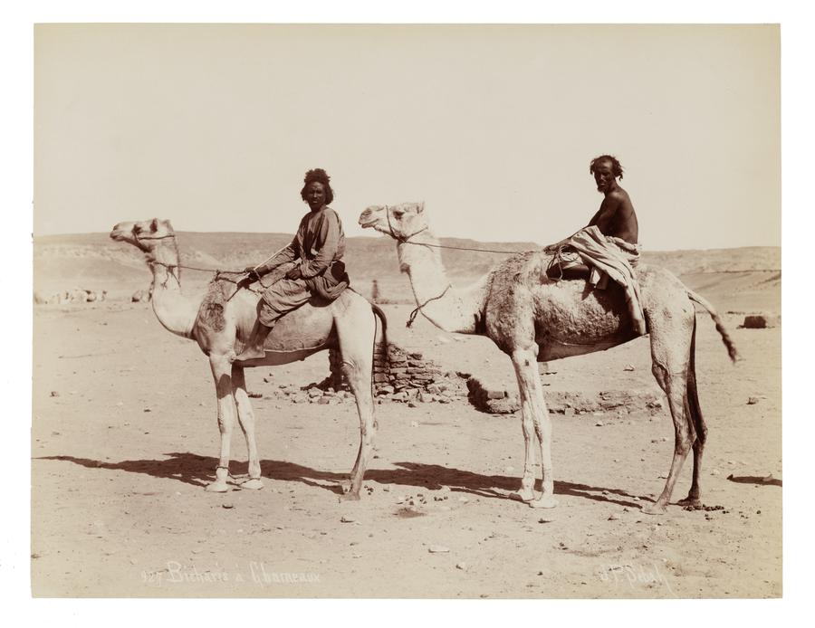 A sepia-toned photo showing two black men seated on two camels in a desert landscape. The person in the lead is wearing loose pants and top, while the person in the back is shirtless and draped in a loose fabric from the waist down.