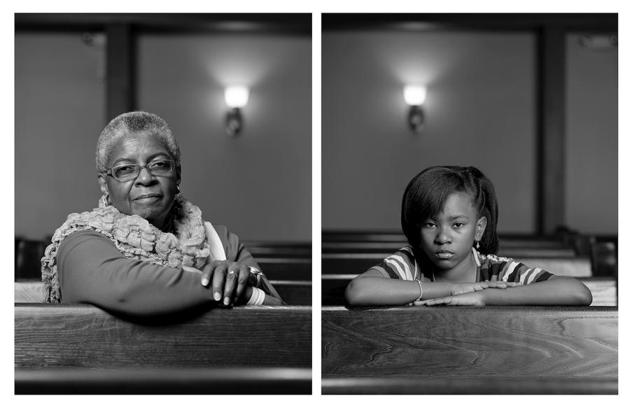 Two photographs of women sitting in church pews, on the left an older woman wearing a scarf, on the right a young girl in a striped shirt