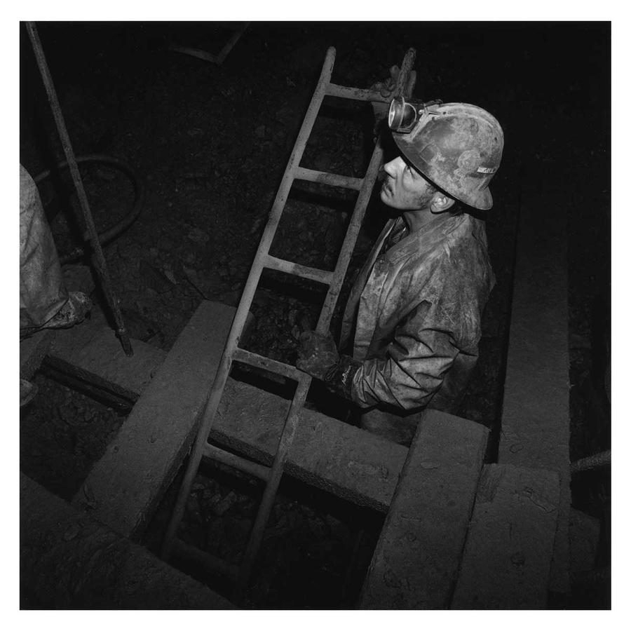 A miner wearing a hardhat holds a ladder into a dark pit.