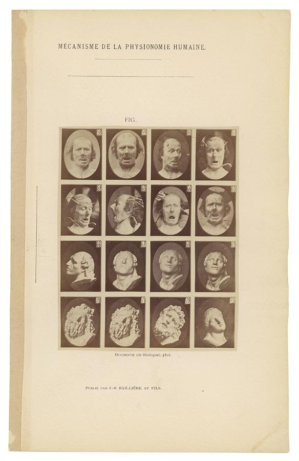 A grid of black and white images showing a man undergoing a scientific experiment to document various facial expressions. Also shows the heads of classical sculptures with various facial expression.