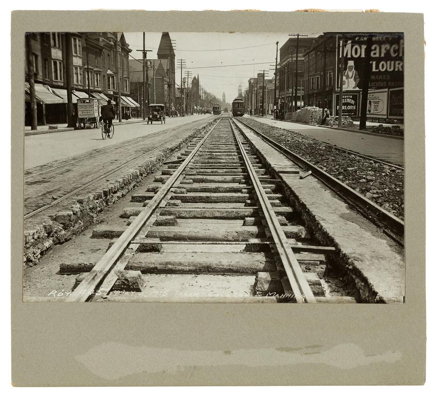 A low angle view looking down along a set of streetcar tracks