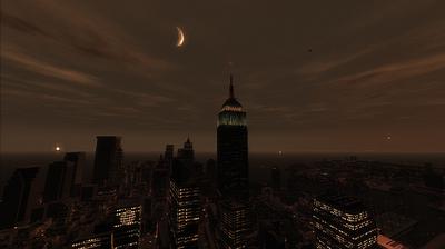 A nighttime skyline around the Empire State Building with the moon showing through the clouds