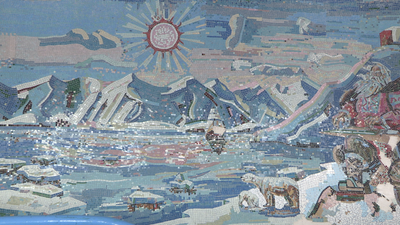 Illustration of northern landscape with polar bears, snow, mountains and ice.