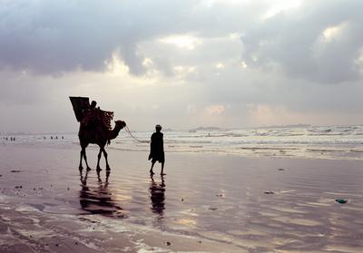 A man leads a camel along the beach
